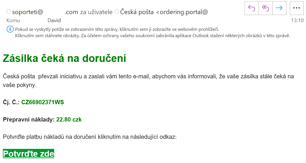 Ilustrační obrázek phishingového e-mailu, který se maskuje jako informace o balíčku od České pošty.