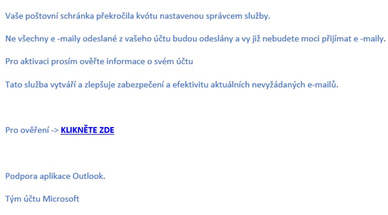 Ilustrační obrázek phishingového e-mailu, který se maskuje jako informace o překročení kapacity e-mailové schránky uživatele.